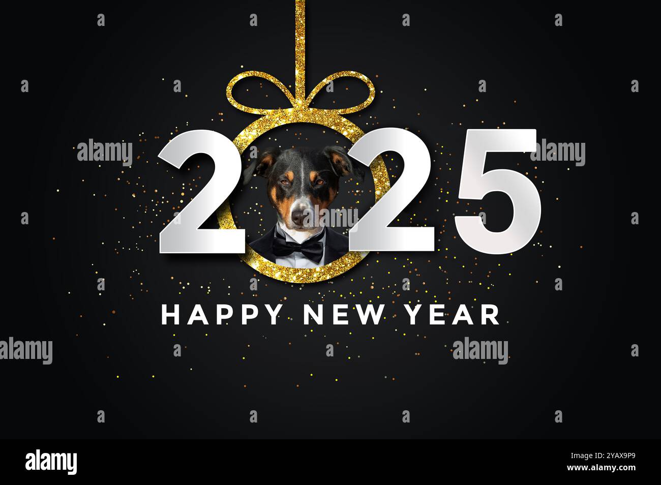 Bonne année 2025 avec un chien, fond noir. Banque D'Images