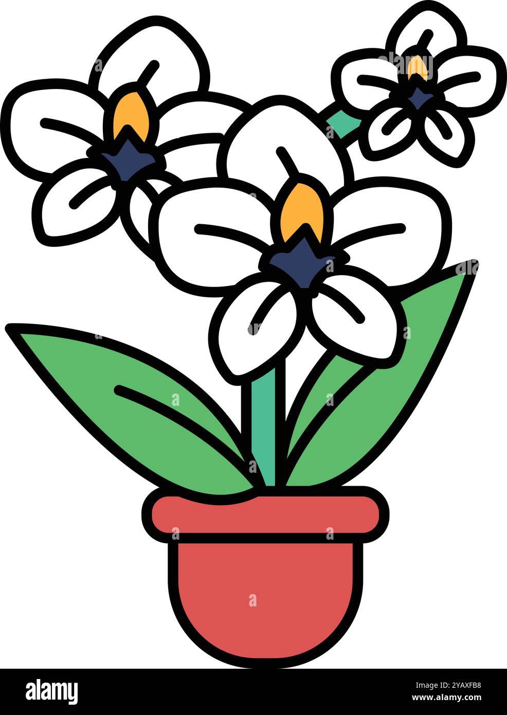 Un dessin de dessin animé d'un pot de fleurs avec trois fleurs blanches dedans. Les fleurs sont dessinées de manière stylisée, avec les pétales et les feuilles tous dessinés dans le Illustration de Vecteur