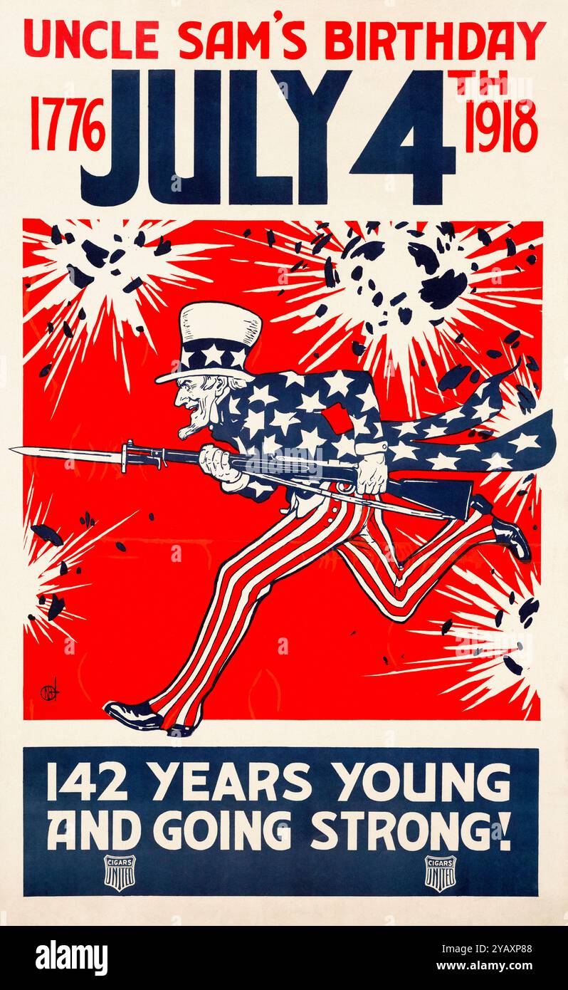 Anniversaire de l'oncle Sam, 1776 - 4 juillet - 1918, 142 ans jeune et fort (oncle Sam avec un fusil), américain, US, WW1, affiche de motivation, 1917-1919 Banque D'Images