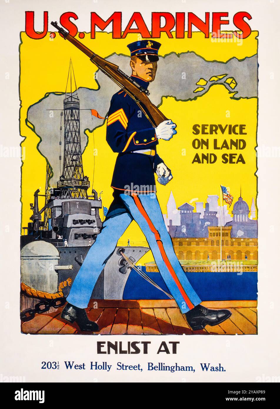 US Marines, Service sur terre et mer, américain, US, WW1, US Marine corps Recruitment poster par Sidney H Riesenberg, 1917-1919 Banque D'Images