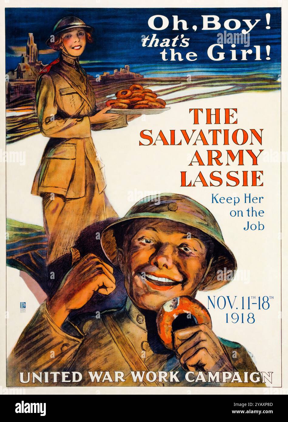 Américain, US, WW1, affiche de travail de guerre féminine, Oh Boy!, That's the Girl!, The Salvation Army Lassie, Keep Her on the job de George Mather Richards, 1917-1919 Banque D'Images