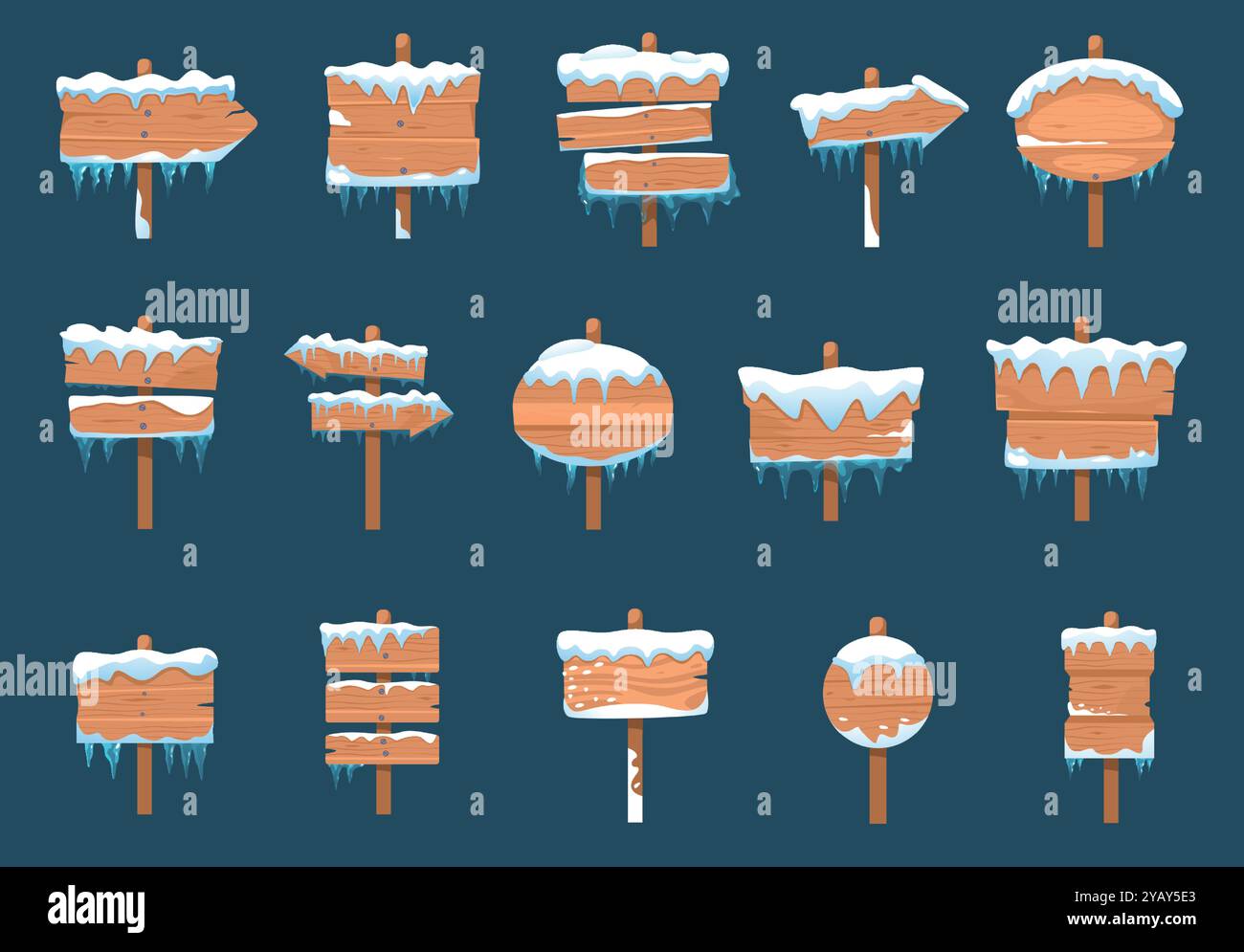 Panneau en bois gelé. Planches et panneaux d'affichage recouverts de neige de dessin animé, bannière de vente d'hiver et panneau de direction, planches de neige gelées. Ensemble isolé de vecteur Illustration de Vecteur