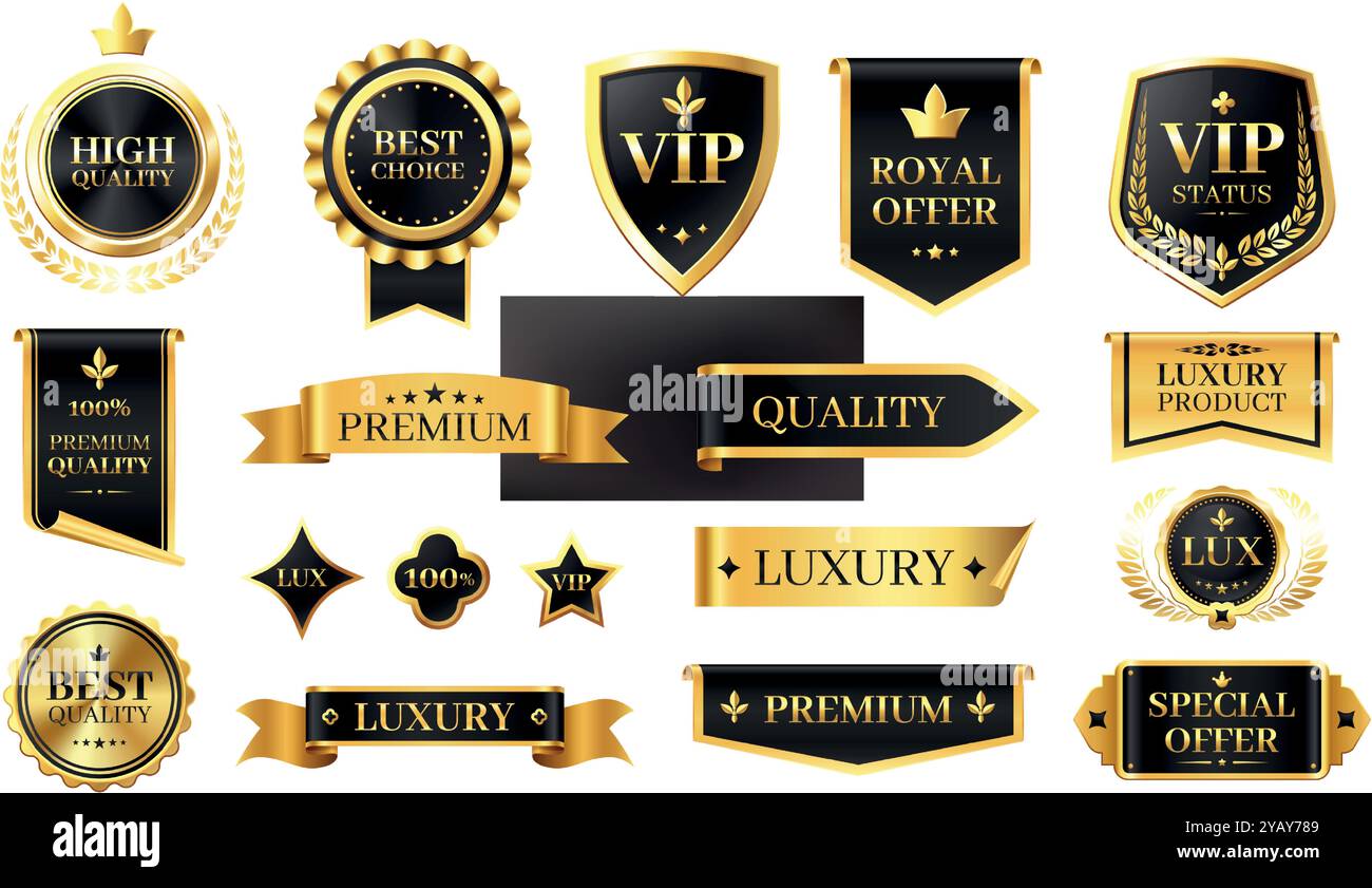 Étiquettes de luxe dorées. Badges de qualité supérieure avec des étoiles dorées et des rubans pour évaluer le produit. Autocollants brillants et sceau pour ensemble de vecteur de certificat Illustration de Vecteur