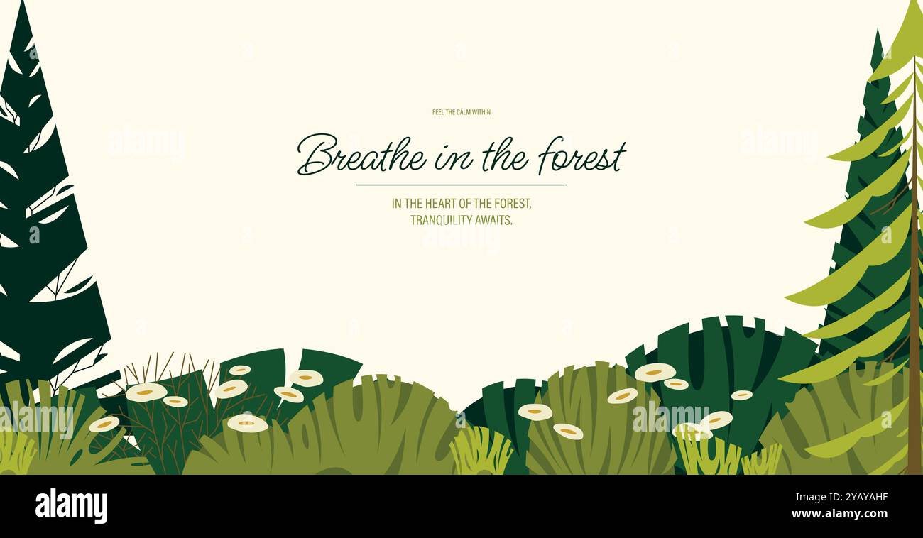 Bannière forestière verte. Fond horizontal avec des arbres et des buissons, écologie de la nature usine de feuilles ECO concept. Illustration de panorama de forêt de verdure vectorielle Illustration de Vecteur