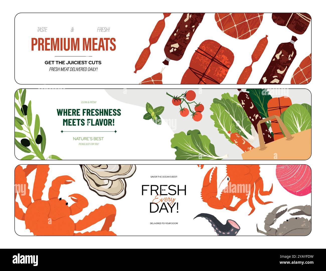 Circulaires des épiceries. Dépliants du marché alimentaire avec des produits de viande et de poisson de légumes frais, bannières d'achat en ligne d'aliments biologiques. Jeu de promotion vectorielle Illustration de Vecteur