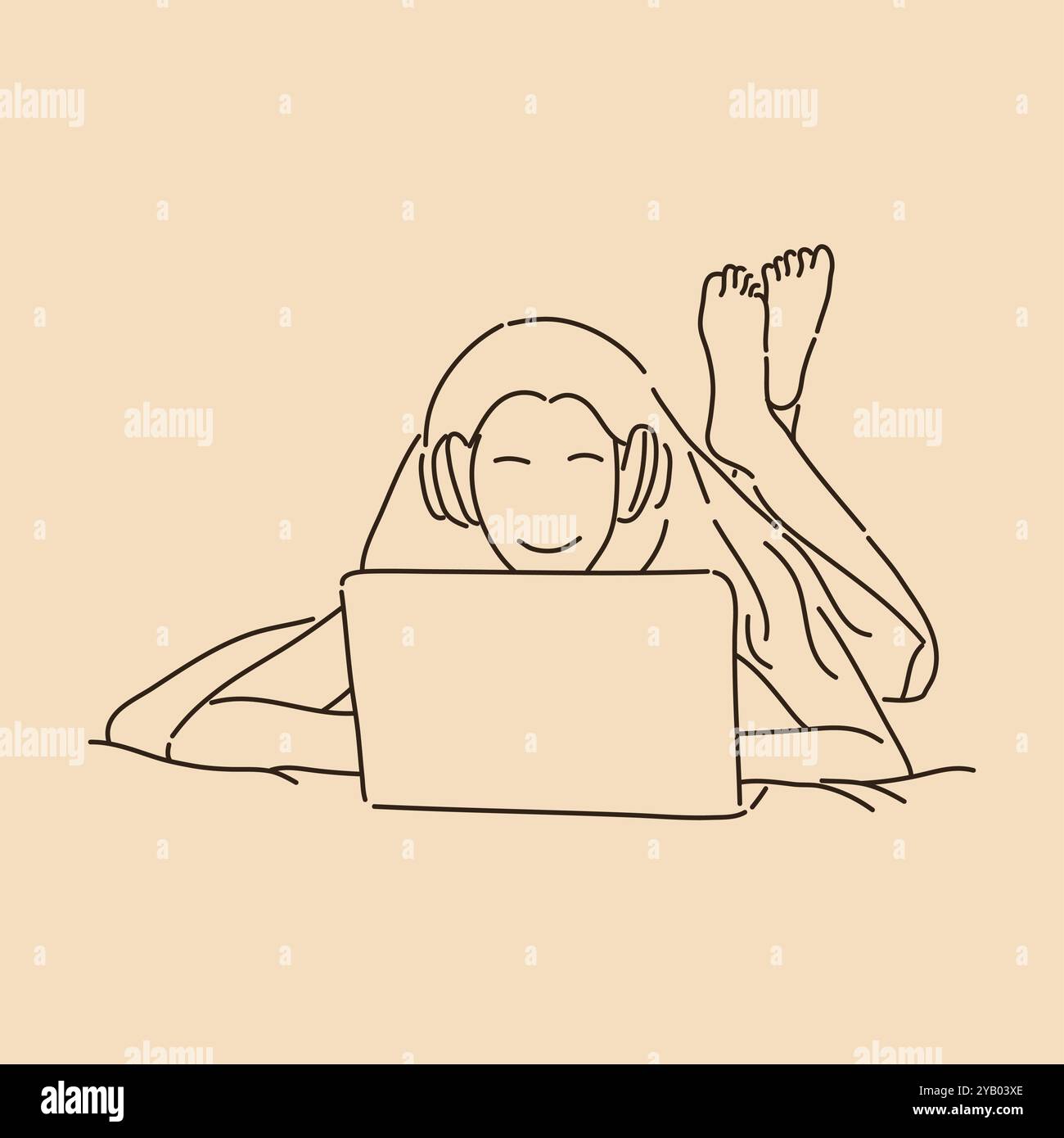 Jeune femme couchée en utilisant un ordinateur portable. Dessin au trait. Illustration vectorielle de contour d'esquisse Illustration de Vecteur