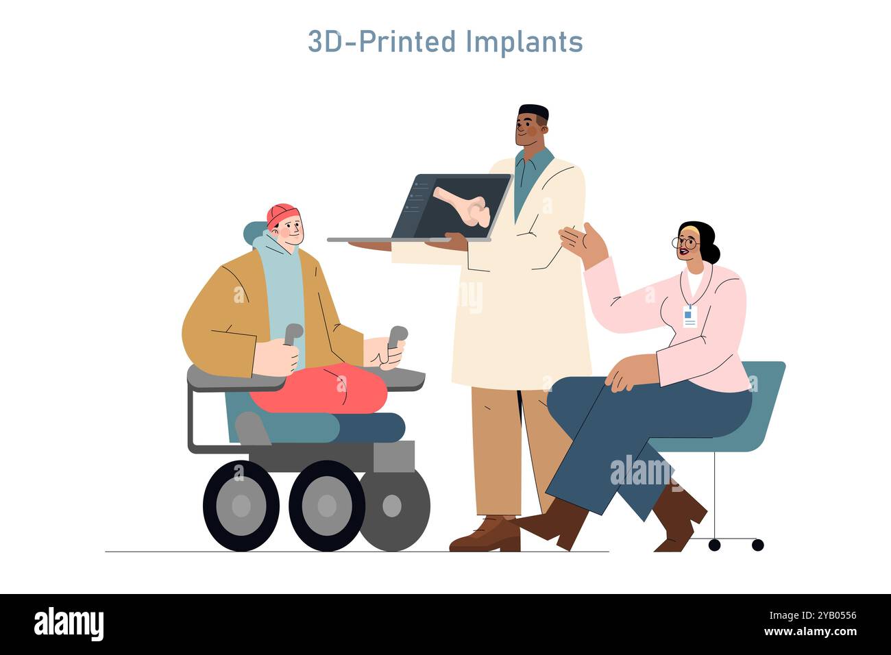 Illustration de soins centrés sur le patient, montrant un médecin expliquant des implants imprimés en 3D à un patient âgé en fauteuil roulant avec un assistant écoutant. Illustration vectorielle. Illustration de Vecteur