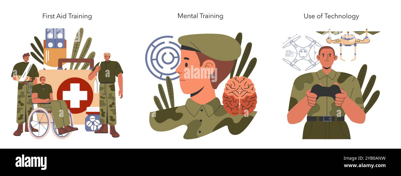 Kit d'entraînement militaire. Soldats apprenant les premiers soins, la résilience mentale et l'utilisation des technologies modernes. La préparation au combat grâce à divers développements de compétences. Illustration vectorielle. Illustration de Vecteur