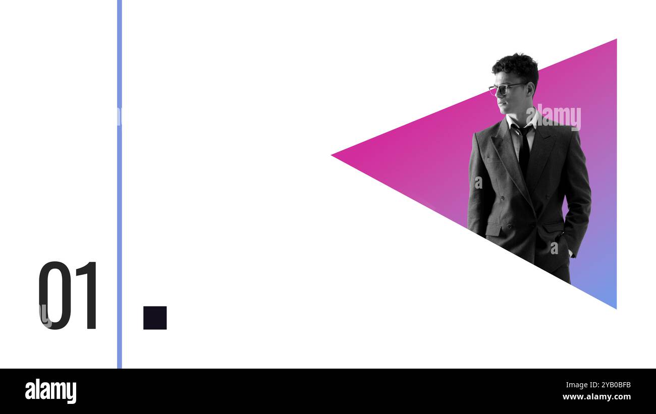 Collage d'art contemporain. Homme d'affaires monochrome dans une tenue élégante. Les formes dégradées roses audacieuses contrastent avec son expression sérieuse. Banque D'Images