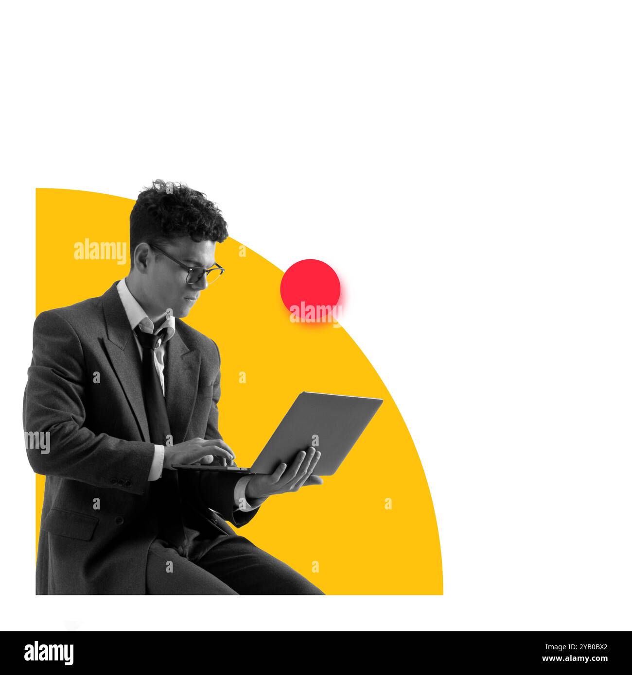 Collage d'art contemporain. Homme d'affaires réfléchi, encadré par des cercles rouges et jaunes vibrants. Modèle pour présentations. Banque D'Images