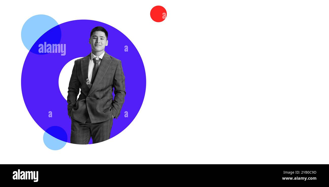 collage d'art contemporain. Portrait du corps entier de professionnels, homme d'affaires marchant en toute confiance. Formes circulaires lumineuses et vibrantes Banque D'Images