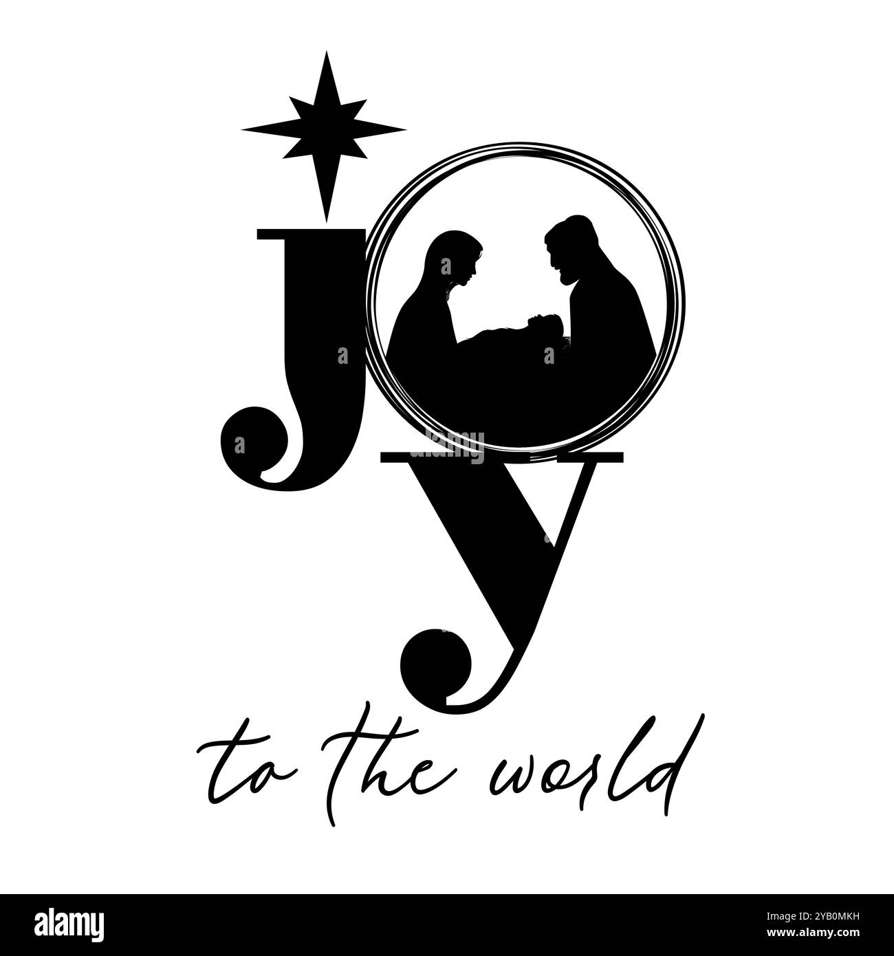 Joie au monde, carte de Noël avec texte noir. Silhouettes vectorielles Marie, Joseph et Jésus en crèche. Nuit Sainte, symbole chrétien religieux Illustration de Vecteur