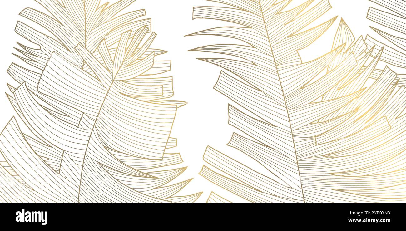 Feuilles de palmier dorées de vecteur sur fond blanc. Nature dessinée au trait, illustration exotique, motif tropical premium. Illustration de Vecteur