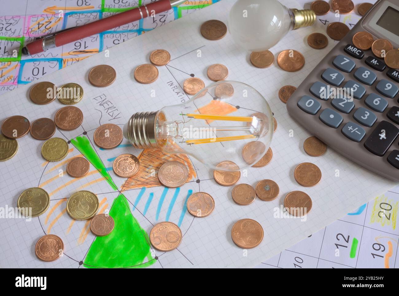 Planification des coûts énergétiques dans le budget mensuel pour les maisons privées ou les entreprises. Nature morte avec calculatrice, ampoules et diagrammes Banque D'Images