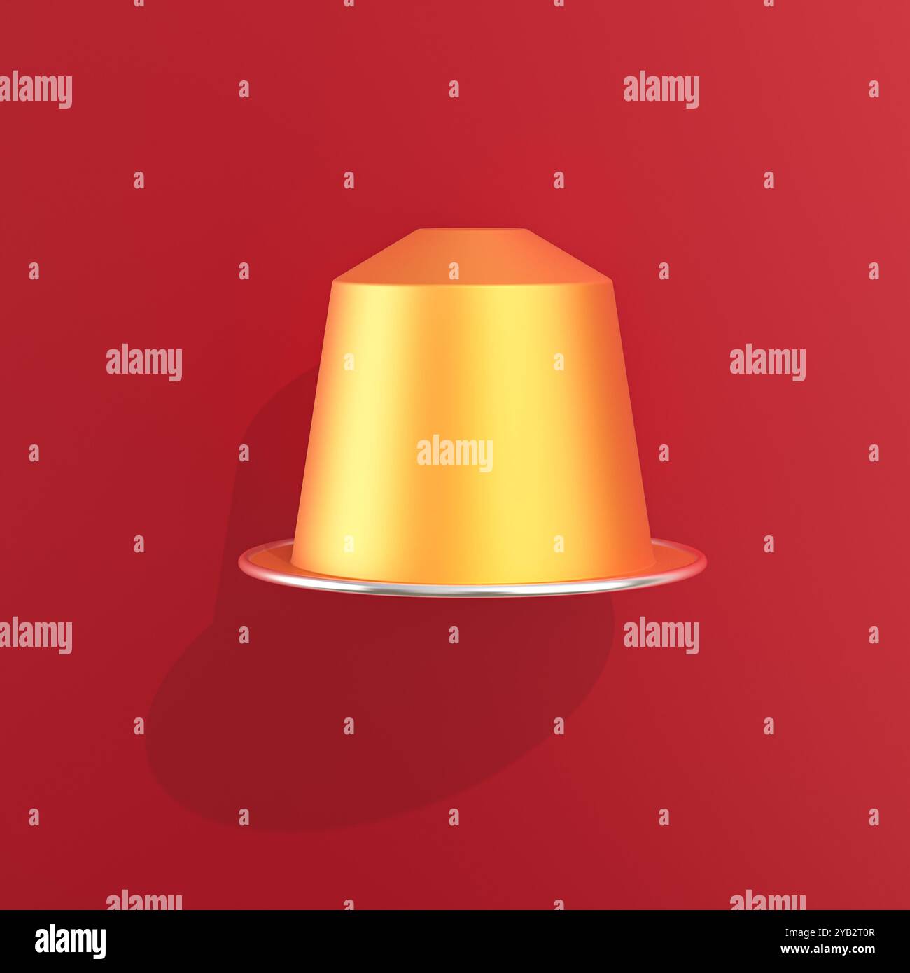 Capsule de café doré jetant ombre sur fond rouge 3D. Banque D'Images