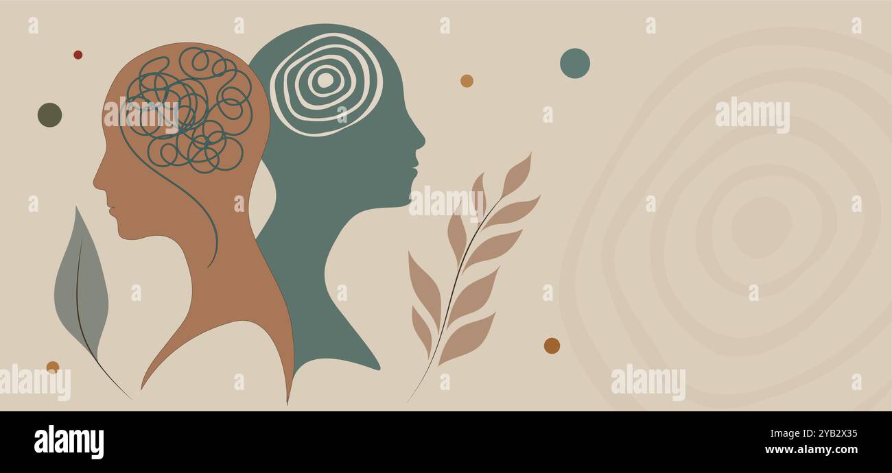 Silhouette de 2 têtes. Métaphore trouble bipolaire mental. Double face avec enchevêtrement et démêlement du cerveau. Concept de trouble de l'humeur. La santé mentale. Diviser Illustration de Vecteur