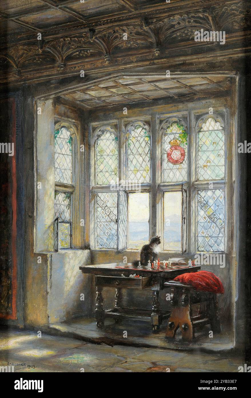 Bennett, Frank Moss - scène intérieure du XVIIe siècle avec un chat assis à côté d'une fenêtre Banque D'Images