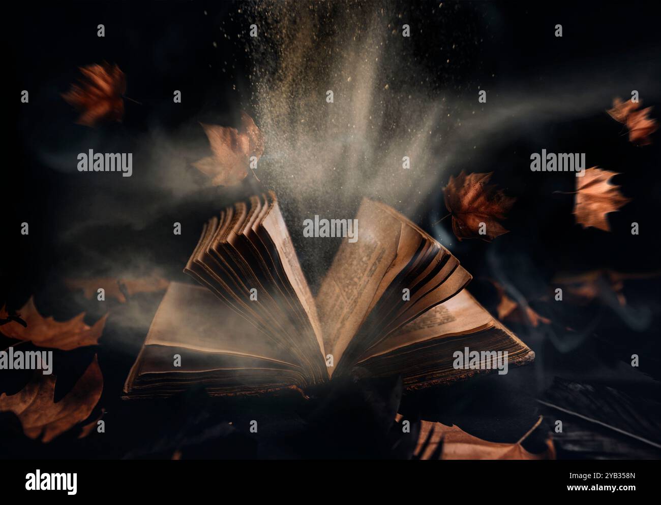 Livre magique ouvert avec des feuilles d'automne volantes, des plumes noires corbeaux et une lumière magique éclatante. Affiche de fond de saison de nuit d'Halloween. Sorcellerie, sp Banque D'Images