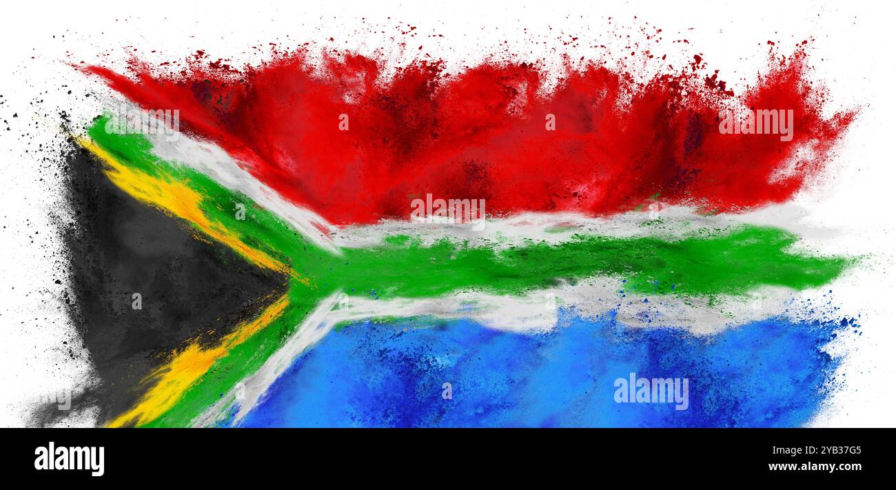 drapeau coloré de l'afrique du sud avec l'explosion de poudre de peinture de couleur verte jaune rouge noir et bleue holi isolé sur fond blanc. national africain e Banque D'Images