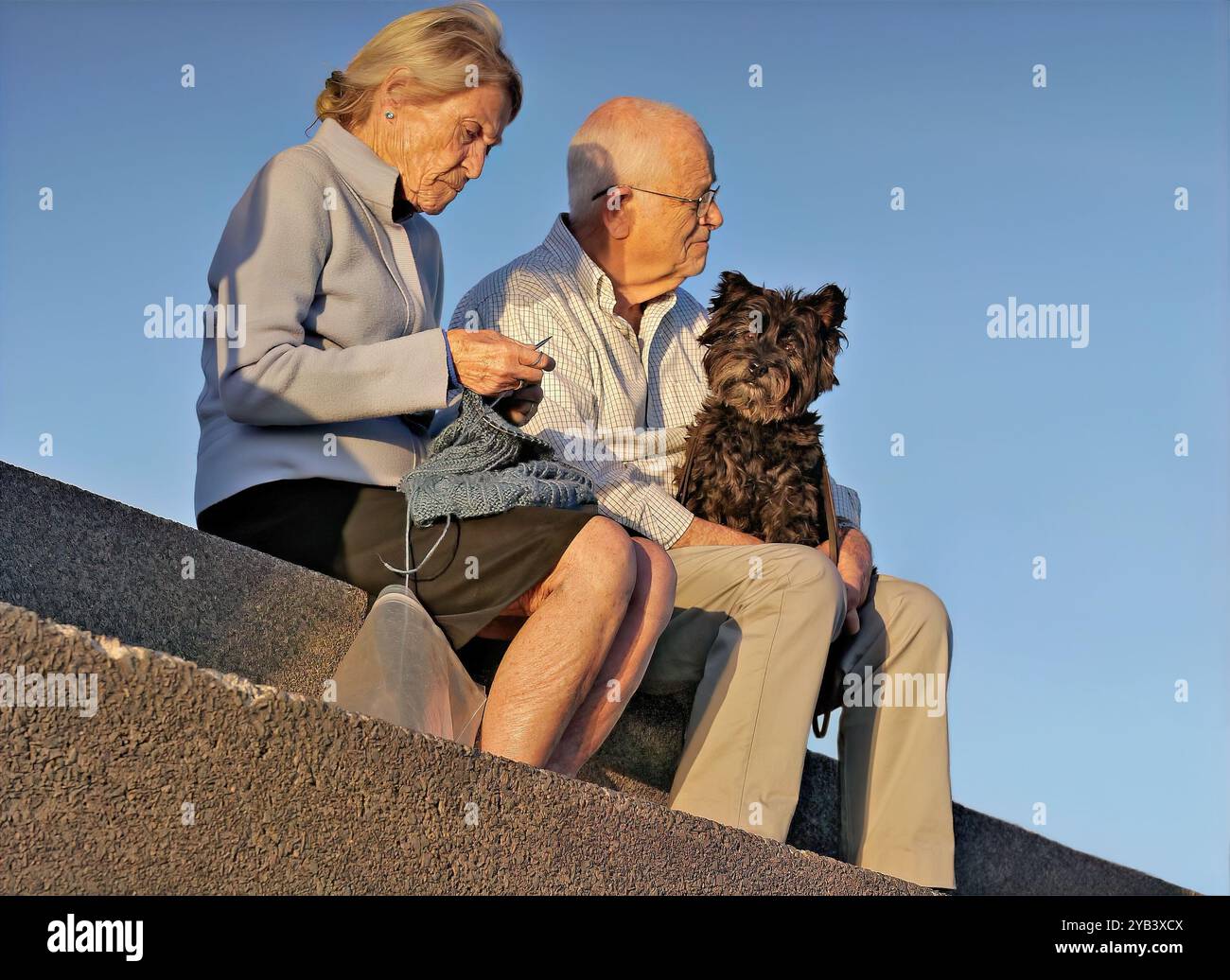 Couple de personnes âgées assis paisiblement sur les marches extérieures. La femme tricote tandis que l'homme tient leur petit chien noir. La scène capture un moment calme et serein. Banque D'Images