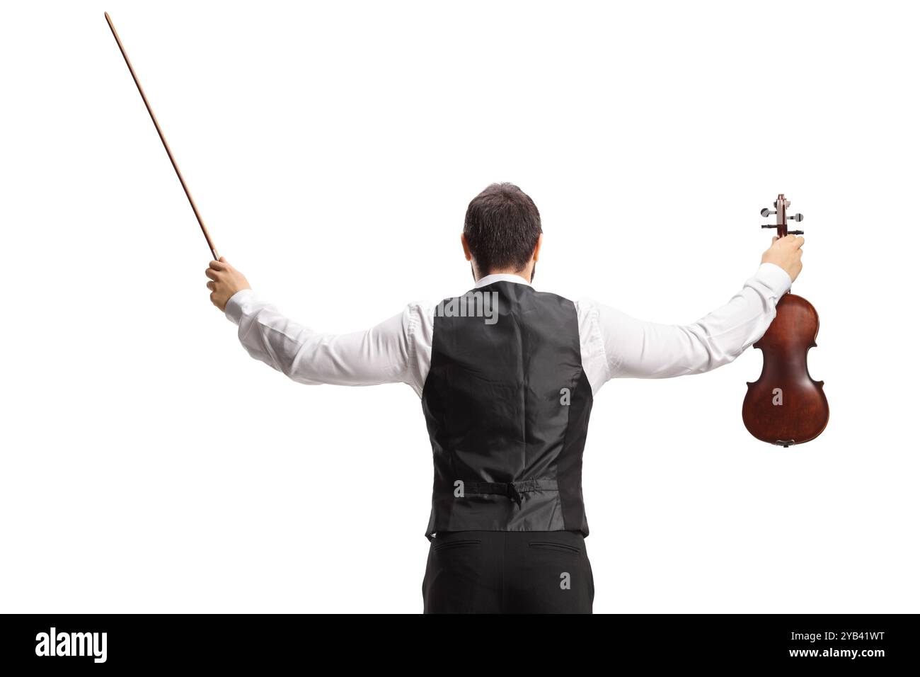 Vue arrière d'un homme tenant un violon et un violon isolé sur fond blanc Banque D'Images