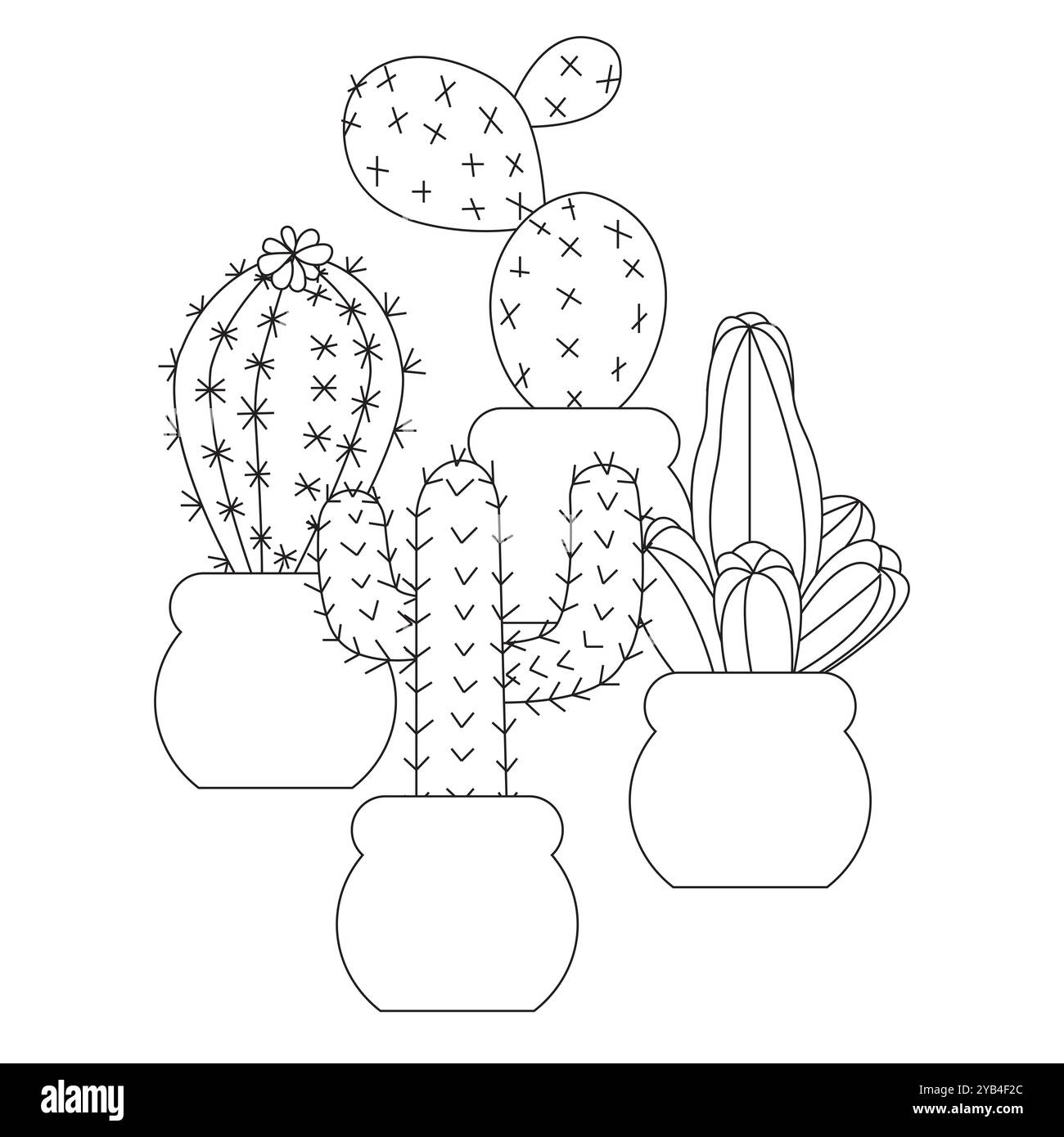 Composition de quatre longs cactus en pots, dans le style doodle. Illustration vectorielle isolée sur fond blanc. Illustration de Vecteur Composition de quatre longs cactus en pots, dans le style doodle. Illustration vectorielle isolée sur fond blanc. Illustration de Vecteur