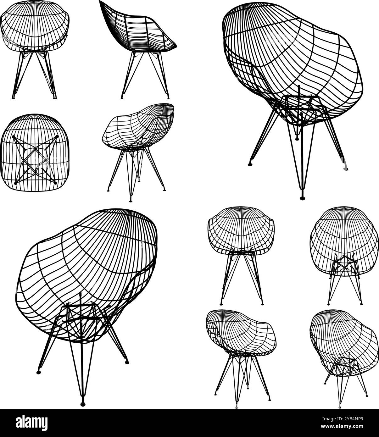 Vecteur de chaise armée filaire moderne. Chaise en rotin avec pieds câblés en métal. Illustration isolée sur fond blanc. Illustration de Vecteur