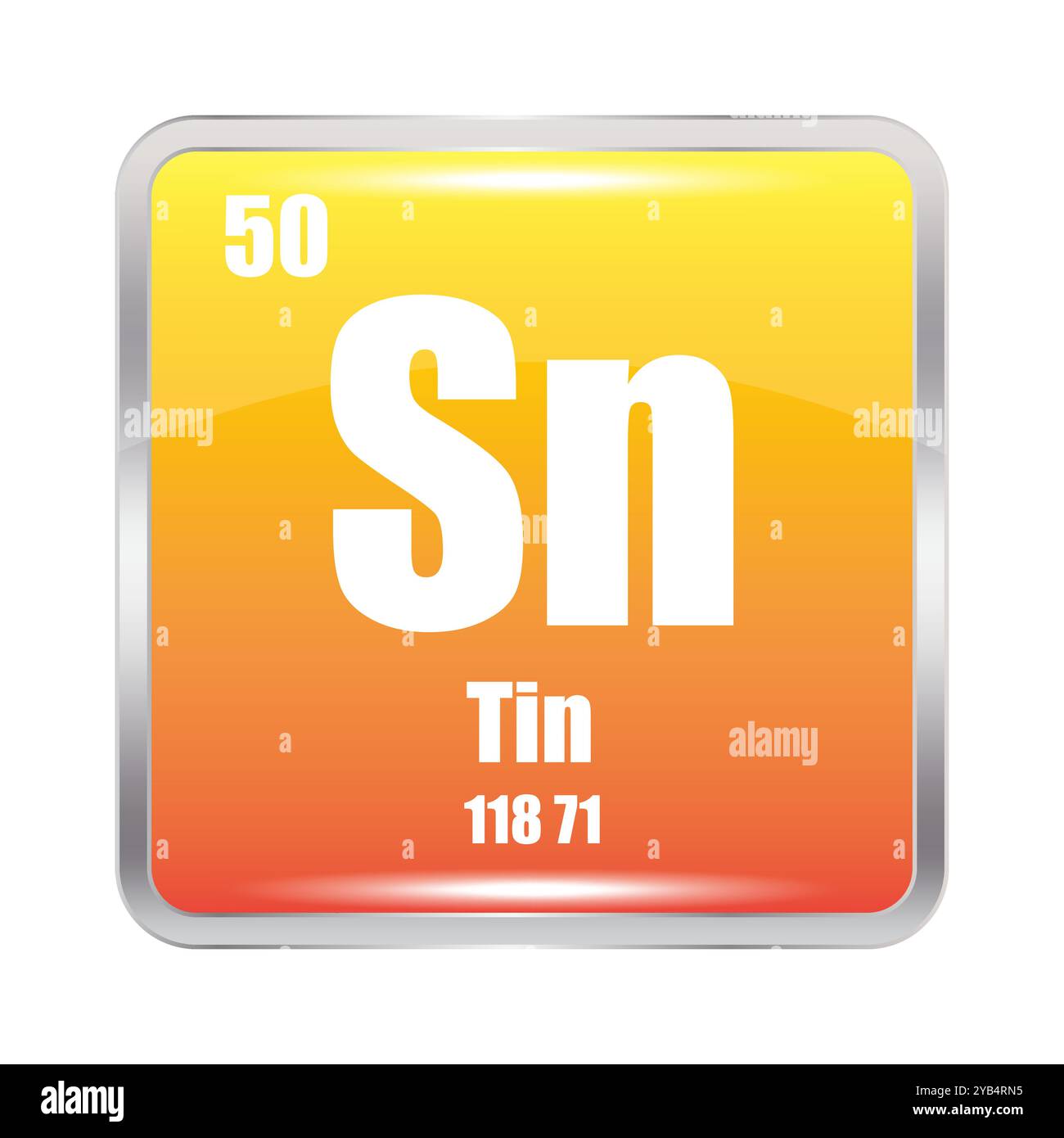 Icône Tin. Elément chimique Sn. Numéro atomique 50. Masse 118.71. Image carrée jaune. Illustration de Vecteur