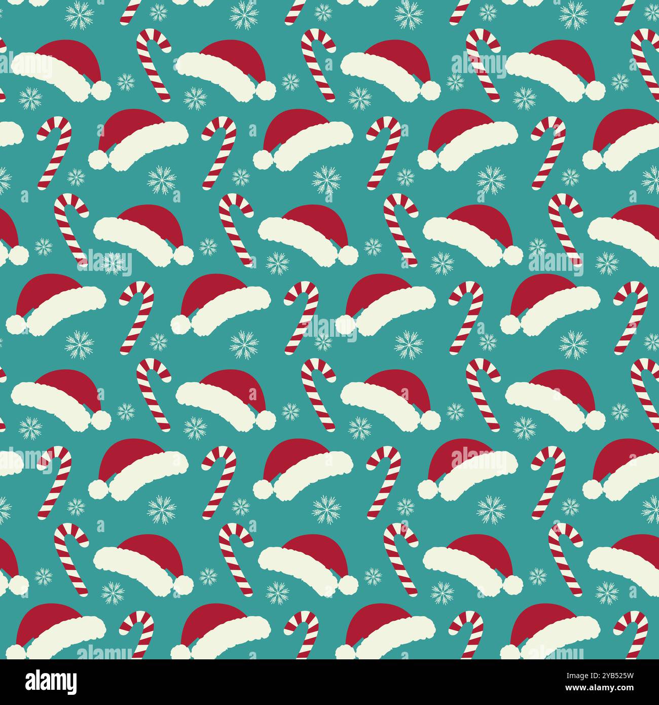 Canne à sucre rayée, chapeaux de Père Noël et flocons de neige de différentes tailles modèle sans couture. Fond de Noël. Illustration vectorielle isolée emballage ou web, cartes thématiques, affiches, médias sociaux, promos web Illustration de Vecteur