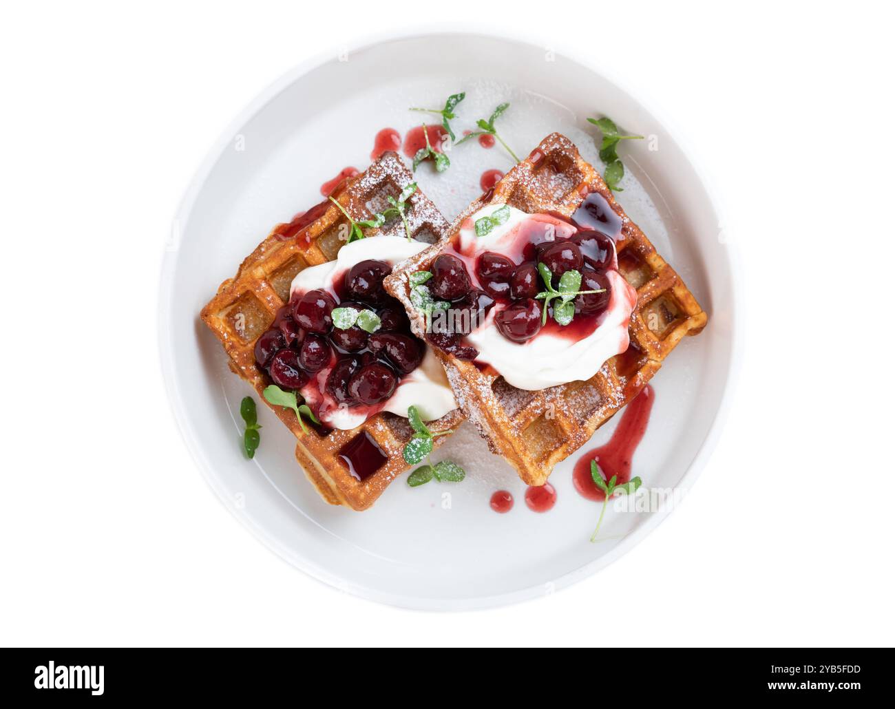 Assiette blanche avec gaufres belges sucrées avec de la crème et de la confiture de cerises sur un fond blanc assiette blanche avec des gaufres belges sucrées avec de la crème et de la confiture de cerises Banque D'Images