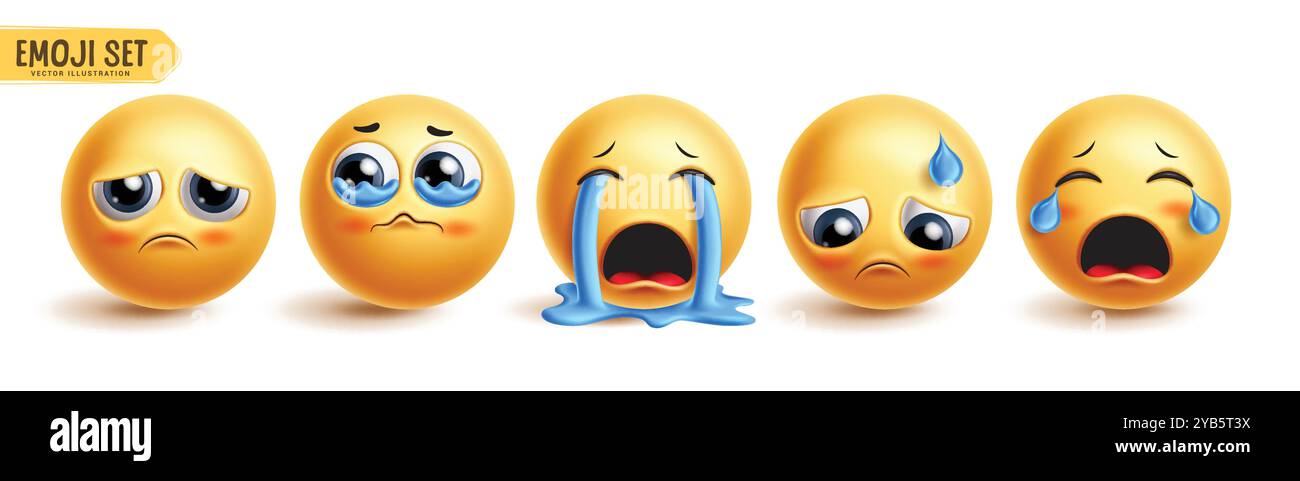 Emoji pleurant émoticône jeu de vecteur de caractères. Emojis émoticônes dans le visage triste, pleurs, larmes aux yeux, expression faciale heureuse et déçue élément graphique 3D. Illustration de Vecteur