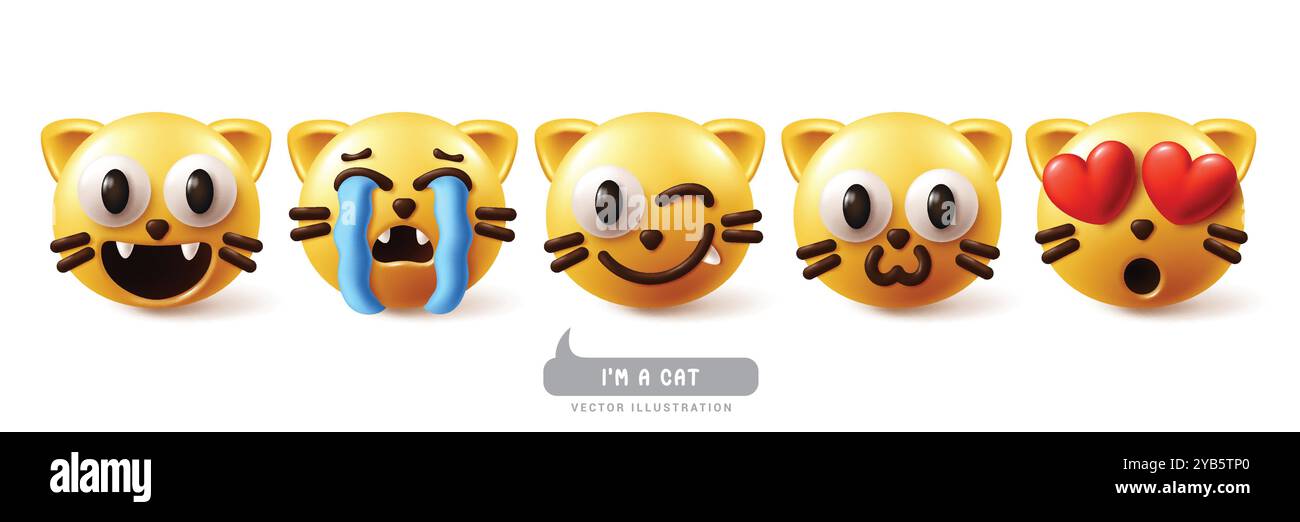 Emojis chat émoticône jeu de vecteurs de caractères. Émoticônes émoticônes expression faciale dans la collection de personnages chaton heureux, pleurant, clin d'œil, drôle et amoureux. Illustration de Vecteur