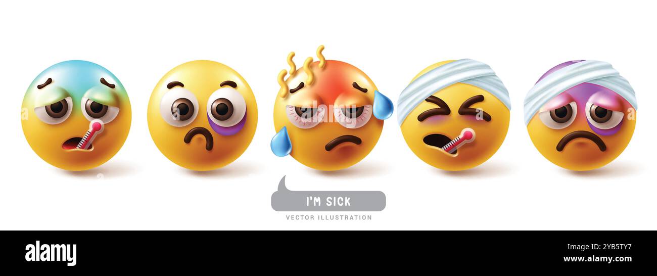 Emoji Sick émoticône caractères vectoriels ensemble. Émoticônes emojis personnage avec la maladie, la grippe, la fièvre, le rhume, blessé et nauséeux collection d'icônes de visage. Illustration de Vecteur