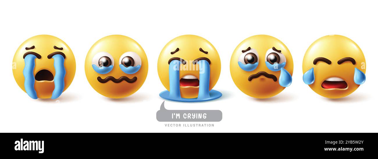Emoji pleurant émoticône jeu de vecteur de caractères. Emojis émoticônes dans le visage triste, pleurs, larmes aux yeux, expression faciale heureuse et déçue élément graphique 3D. Illustration de Vecteur