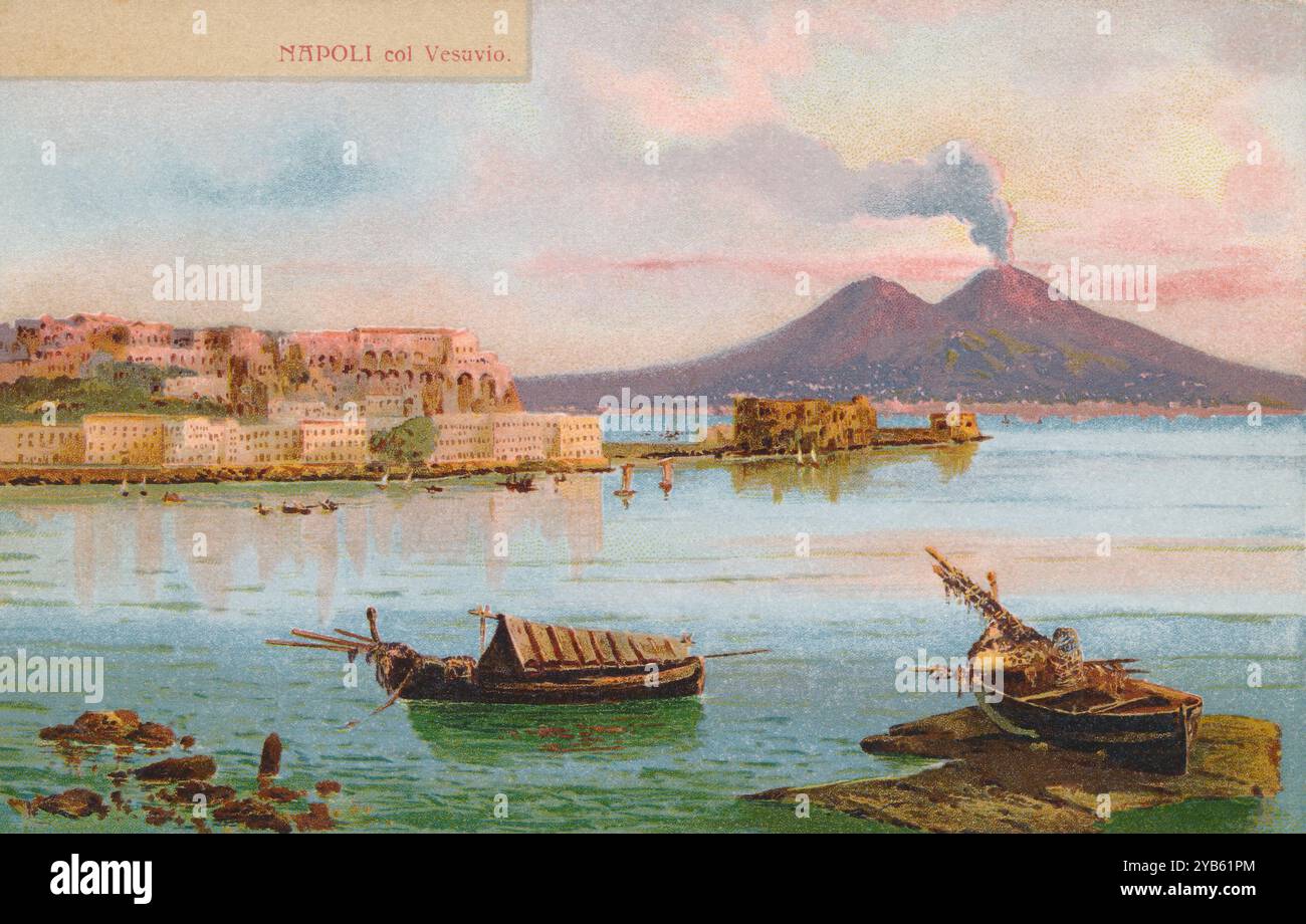 Vintage italien illustré chromo-litho carte postale de la baie de Naples et du volcan Vésuve. Banque D'Images