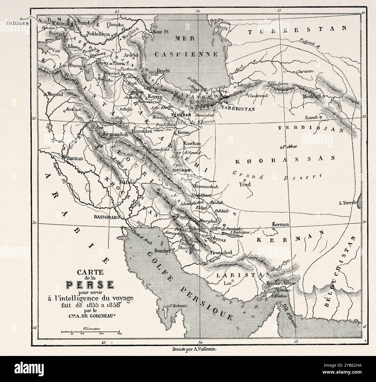 Carte ancienne de Perse. Iran. Dessin de Jules Laurens (1825-1901) voyage en Perse, 1855-1858 d'Arthur de Gobineau (1816-1882) le Tour du monde 1860 Banque D'Images