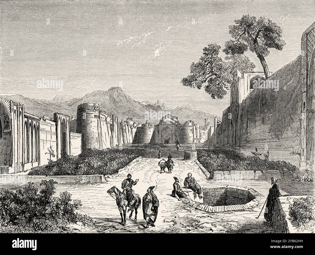 Entrée à l'ancienne ville de Kashan. Province d'Ispahan, Iran. Dessin de Jules Laurens (1825-1901) voyage en Perse, 1855-1858 d'Arthur de Gobineau (1816-1882) le Tour du monde 1860 Banque D'Images