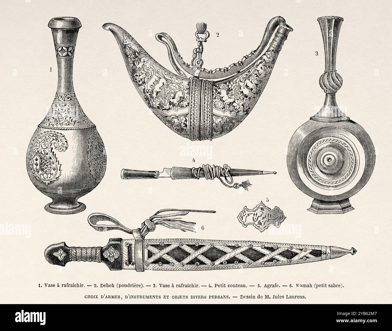 Armes, instruments et objets persans anciens. 1,3 ancien vase islamique en céramique persane. 2 Debeh (flacon de poudre persane antique) 4 petit couteau. 5Clip. 6 Kamah (petite épée) Iran. Dessin de Jules Laurens (1825-1901) voyage en Perse, 1855-1858 d'Arthur de Gobineau (1816-1882) le Tour du monde 1860 Banque D'Images