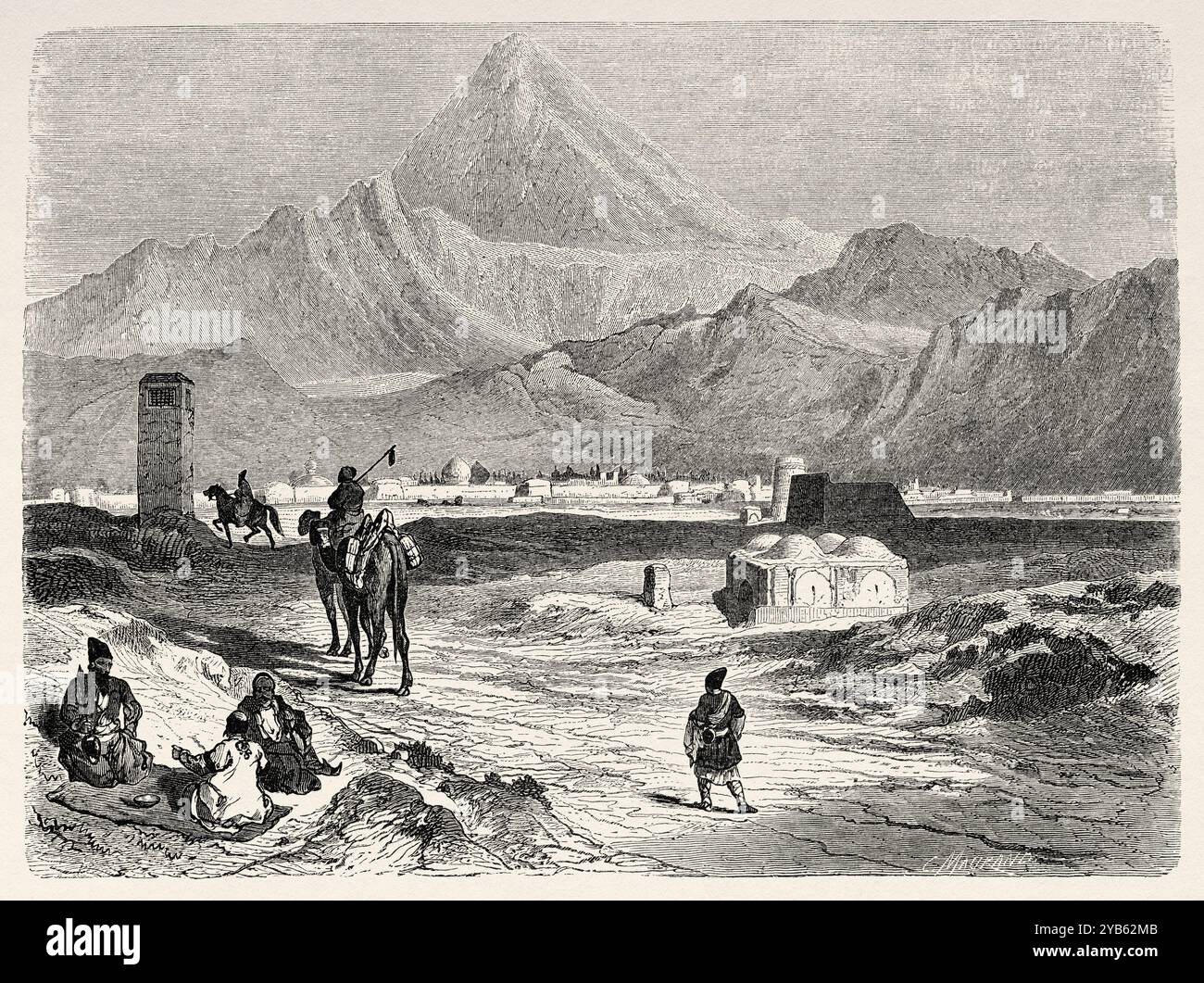 Mont Damavand, Iran. Dessin de Jules Laurens (1825-1901) voyage en Perse, 1855-1858 d'Arthur de Gobineau (1816-1882) le Tour du monde 1860 Banque D'Images