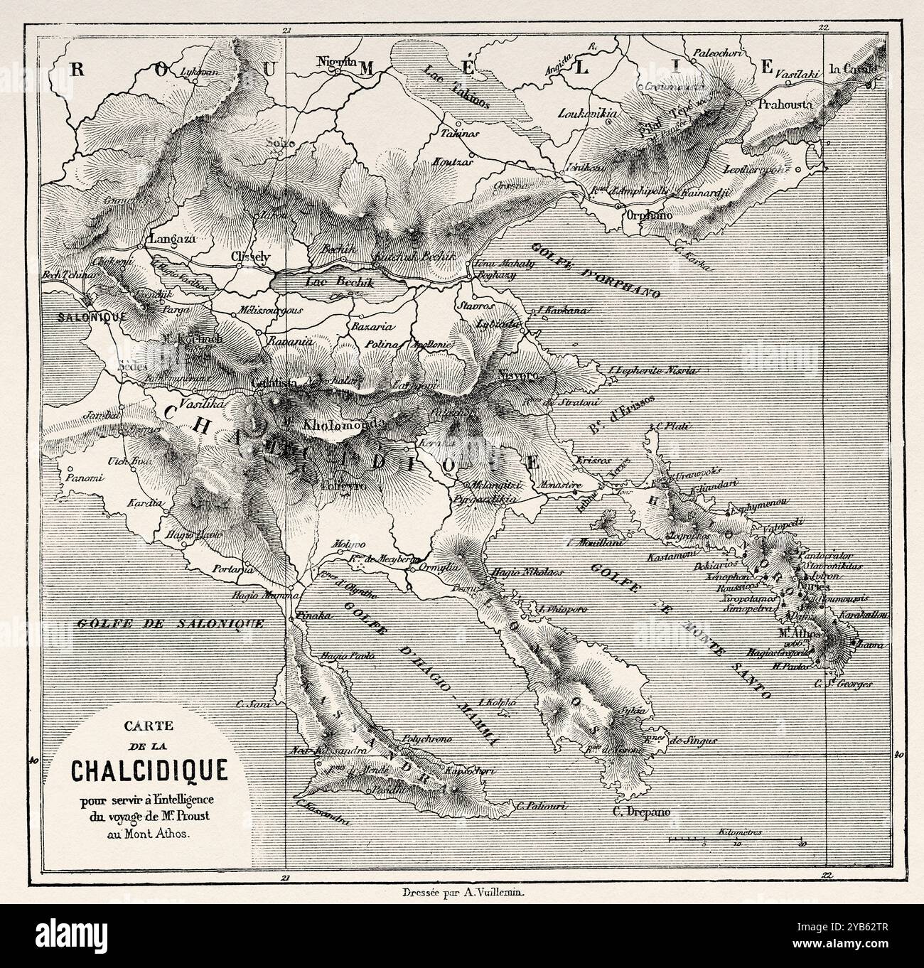 Carte de la Chalcidique pour aider Proust à se rendre au Mont Athos. Grèce. Voyage au Mont Athos, 1858 par Antonin Proust (1832-1905) le Tour du monde 1860 Banque D'Images
