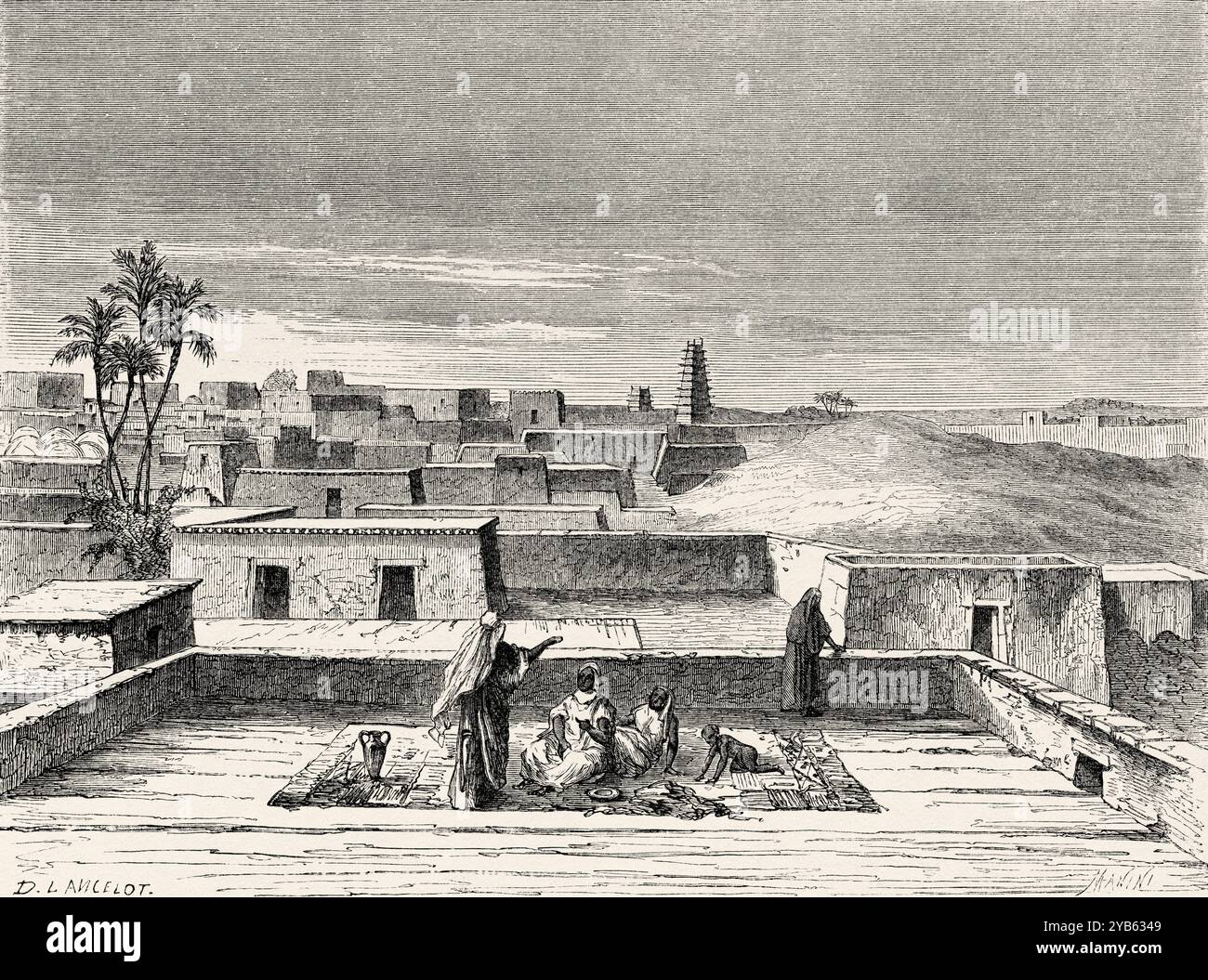 Vue générale de la ville antique d'Agadez, Niger, Afrique. Dessin de Dieudonne Lancelot (1823-1895) voyages et découvertes en Afrique du Nord et centrale, 1849-1855 par Heinrich Barth (1821-1865) le Tour du monde 1860 Banque D'Images