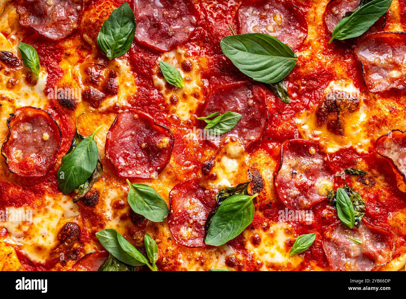 Pizza pepperoni gros plan au basilic. Arrière-plan. Toutes les formes de menu et bannière. Photo de haute qualité Banque D'Images