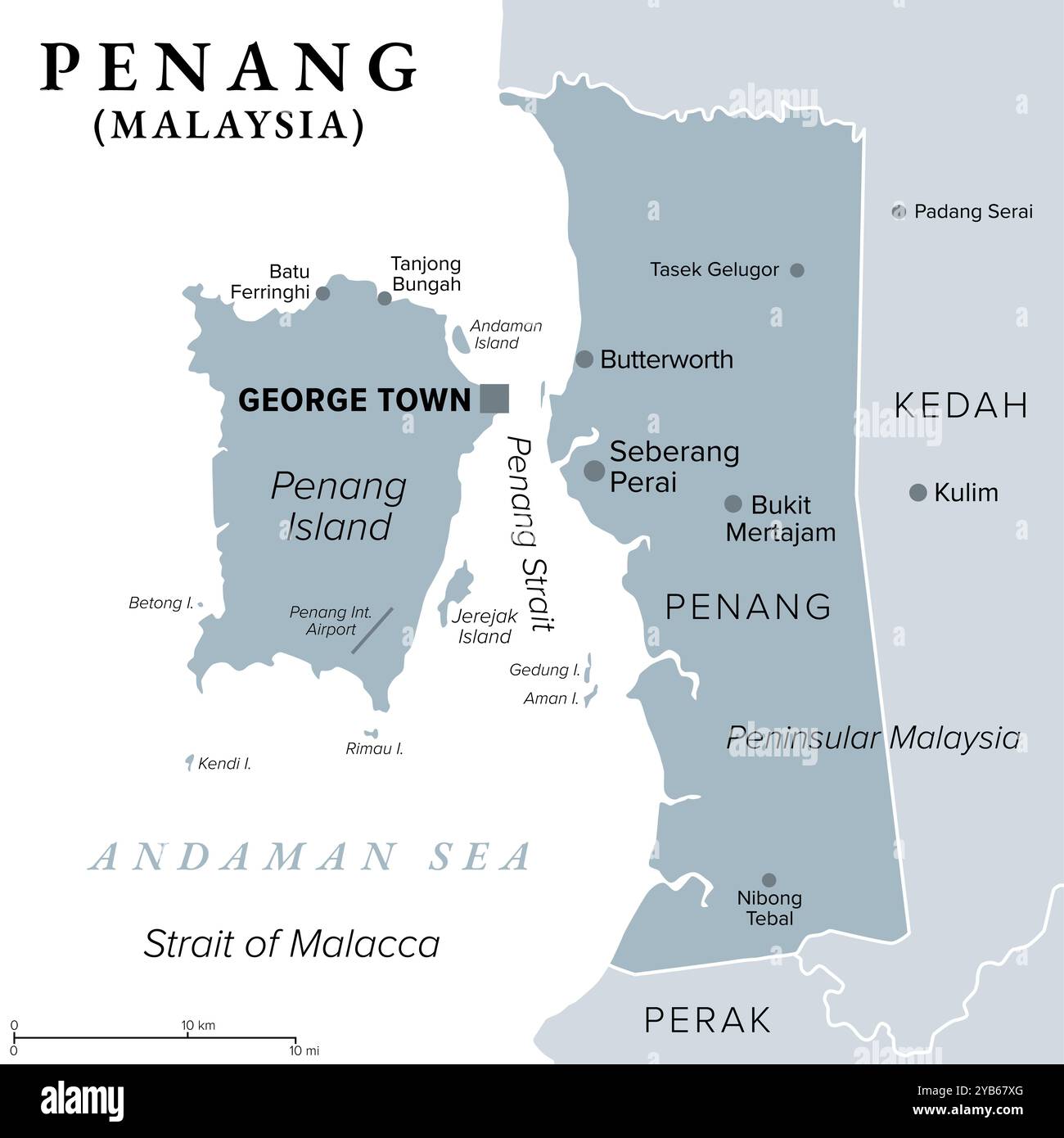 Penang, un état de Malaisie en Asie du Sud-est, carte politique grise. Situé sur la côte de la Malaisie péninsulaire le long du détroit de Malacca. Banque D'Images