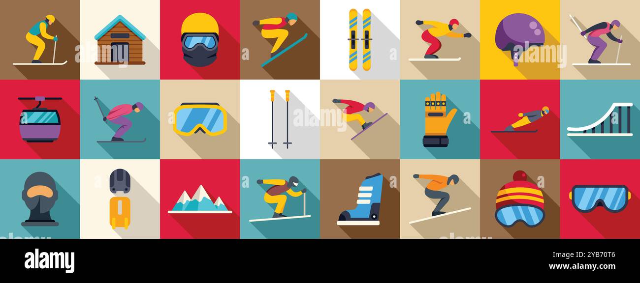 Icônes de saut à ski définies. Cet ensemble présente des icônes d'équipement de sports d'hiver et de ski et de snowboard pour athlètes dans un design plat avec de longues ombres Illustration de Vecteur