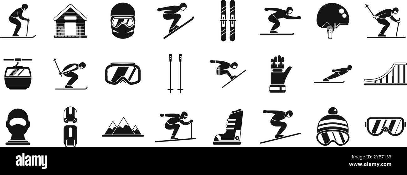 Icônes de saut à ski définies. Icône d'équipement de ski alpin et de ski alpin de personnes dans un style simple Illustration de Vecteur