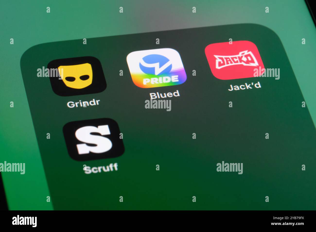 Blued, Grindr, Jack'd, icône de l'application Scruff à l'écran. Réseau social LGBT assorti et application de rencontres en ligne Banque D'Images