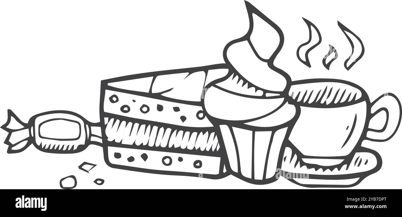 Thé et bonbons doodle. Pâtisserie au café et tasse chaude Illustration de Vecteur