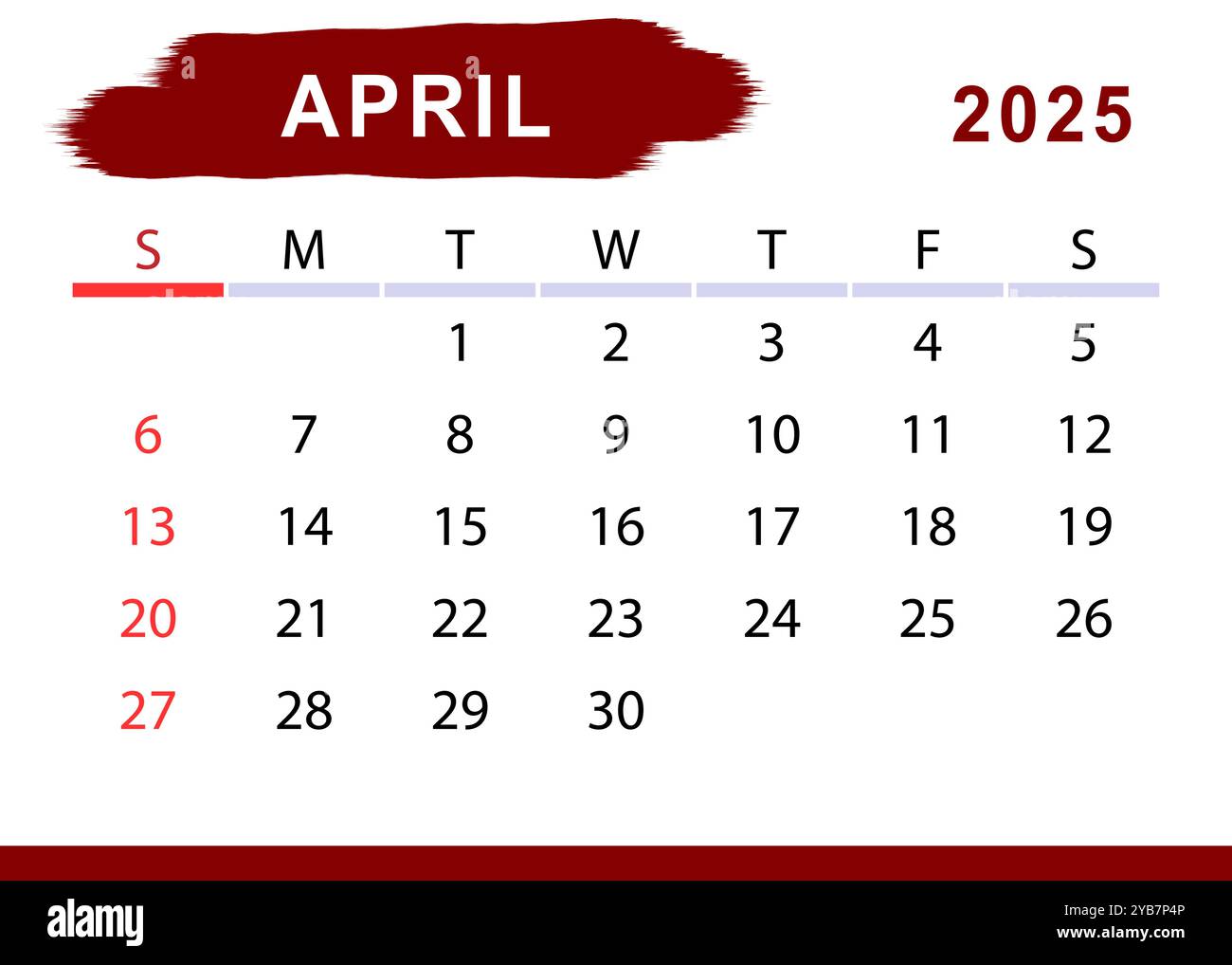 Avril 2025 calendrier mensuel simple. Début du dimanche. Conception vectorielle Illustration de Vecteur