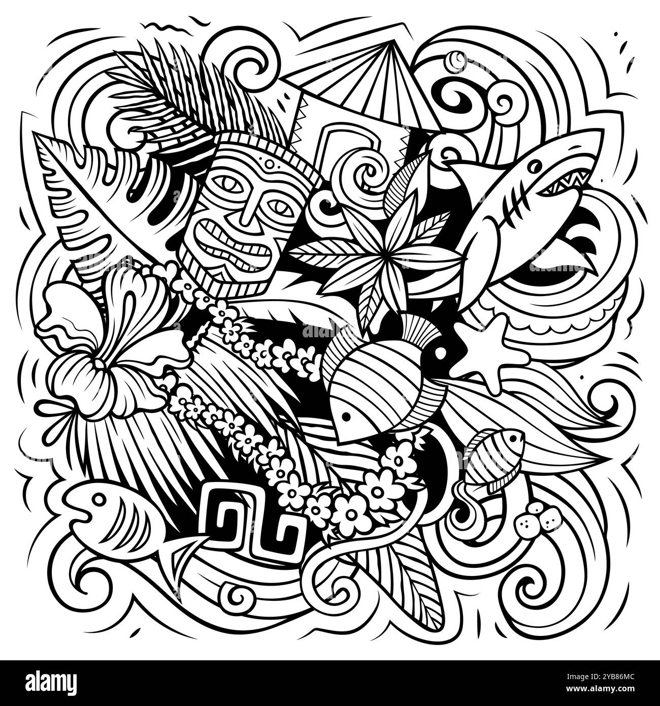Hawaï dessin animé vecteur doodle design. Composition détaillée sommaire avec beaucoup d'objets et de symboles hawaïens Illustration de Vecteur