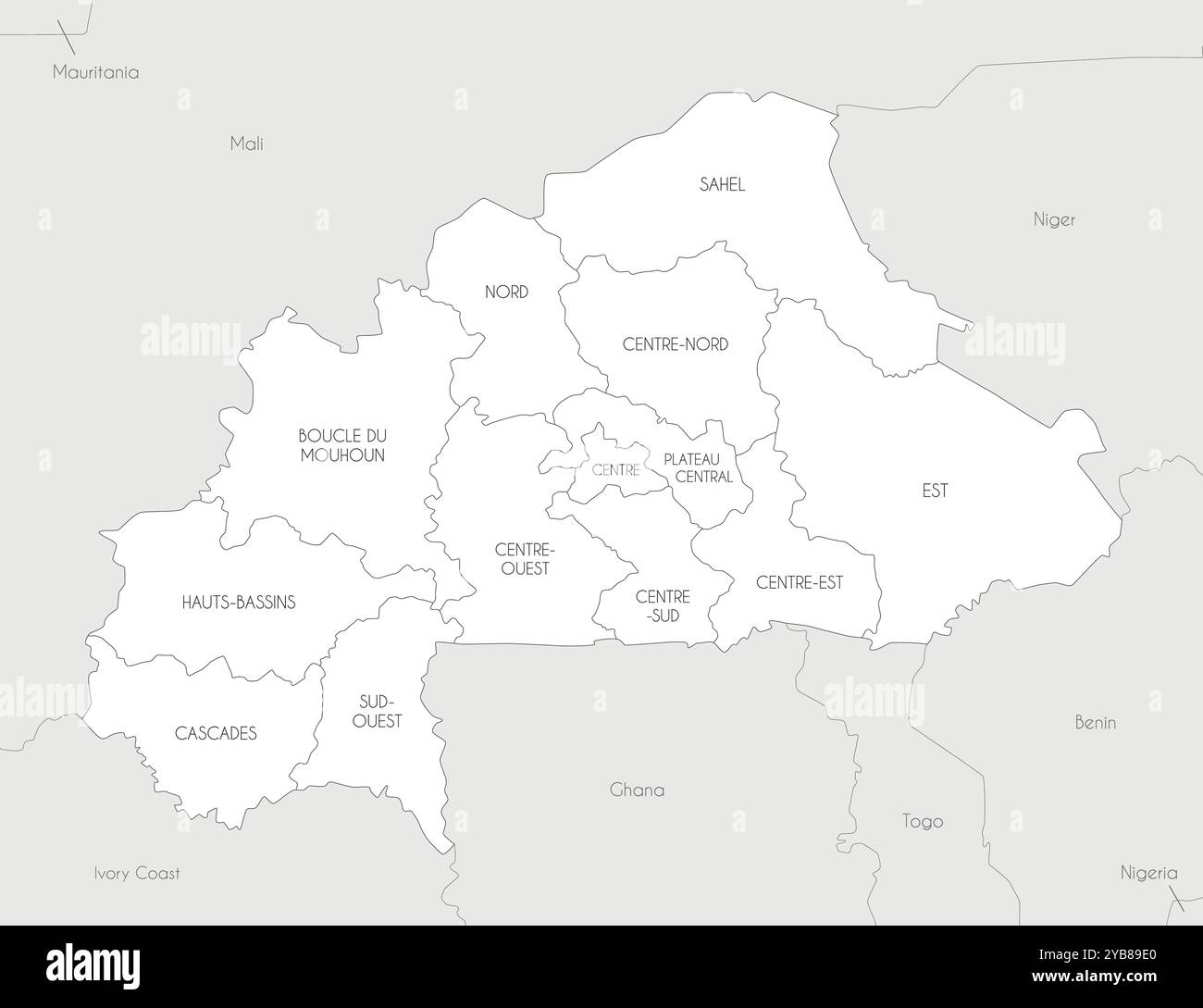 Carte vectorielle du Burkina Faso avec les régions et divisions administratives, et les pays et territoires voisins. Calques modifiables et clairement étiquetés. Illustration de Vecteur
